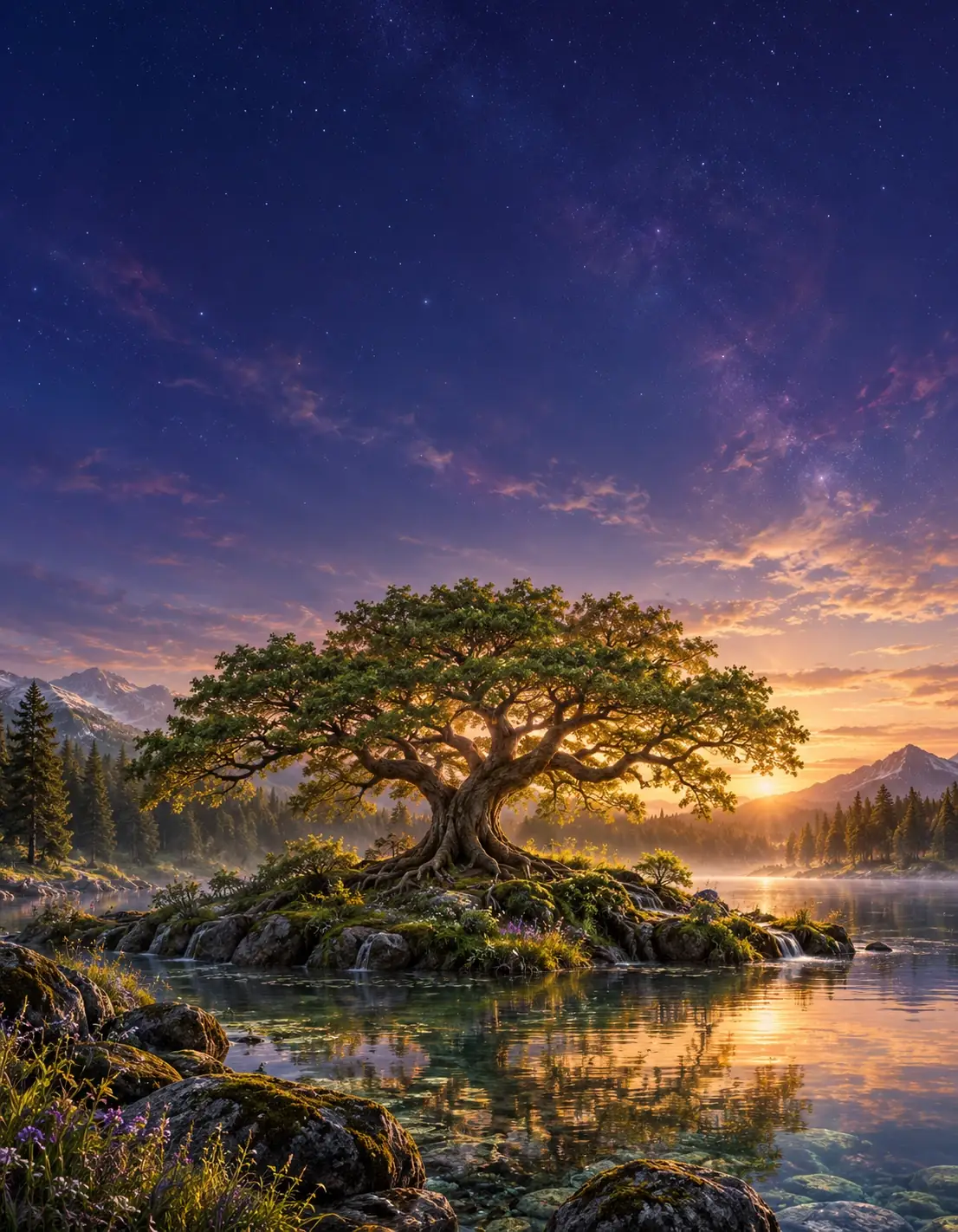 A golden tree beside still water beneath a star-filled sky